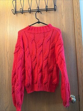 Red Cable Knit Women's Sweater - Classic Crew Neck